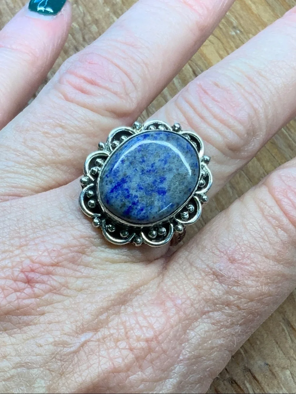 Lapis Lazuli Gemstone Oval 925 Scalloped Bezel Edge Ring - 8.5